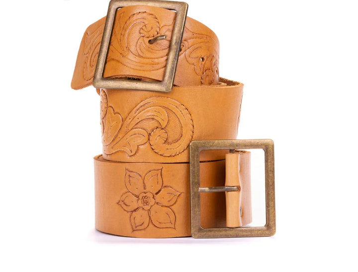 Scroll Hand Tooled Belt Wide Bronze T-bar Buckle