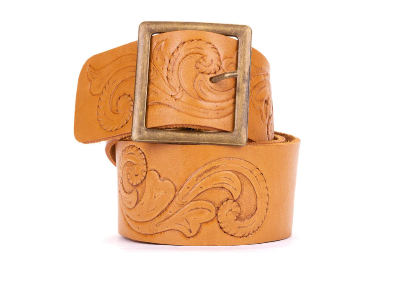 Scroll Hand Tooled Belt Wide Bronze T-bar Buckle