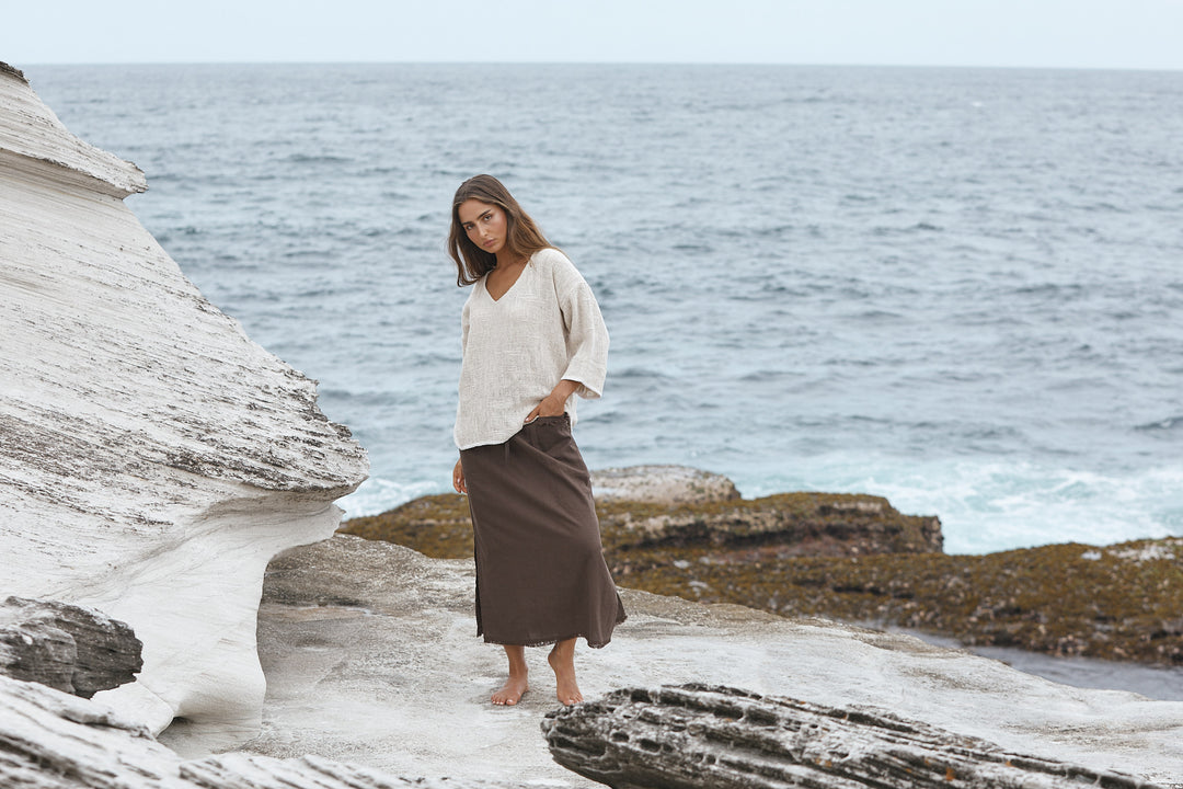 Aroma Cotton Hessian 3/4 V Neck Top - Natural