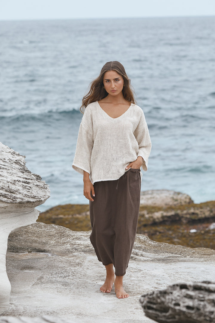 Aroma Cotton Hessian 3/4 V Neck Top - Natural
