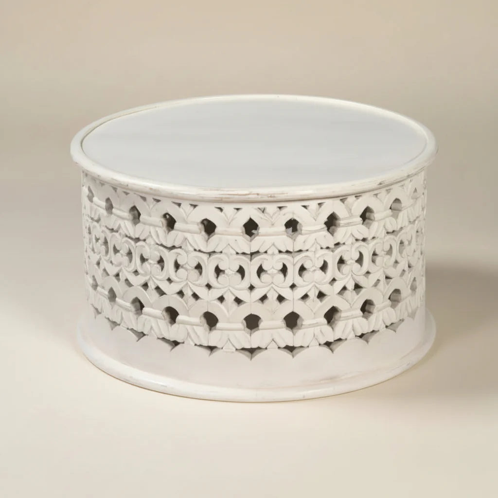 Coffee Table - Jhansi Round Carved Indian Mango Wood | White