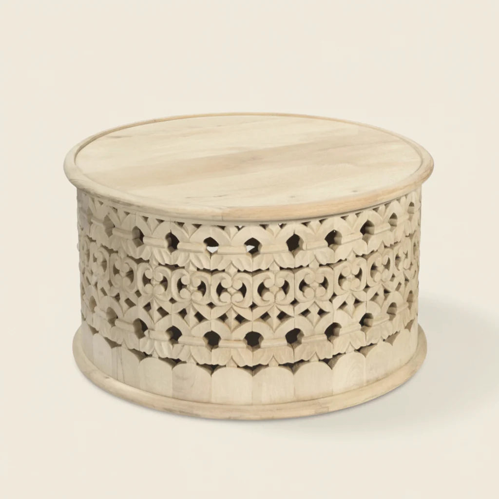 Coffee Table - Jhansa Round Carved Indian Mango Wood | Natural