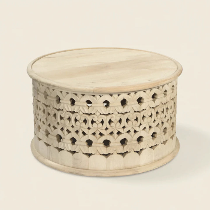 Coffee Table - Jhansa Round Carved Indian Mango Wood | Natural