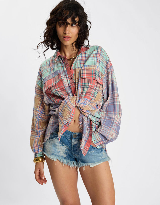 Sunset Madras Check Tie Back Shirt - Coral Teal