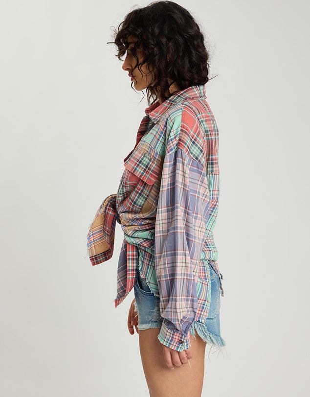 Sunset Madras Check Tie Back Shirt - Coral Teal