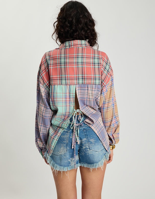 Sunset Madras Check Tie Back Shirt - Coral Teal