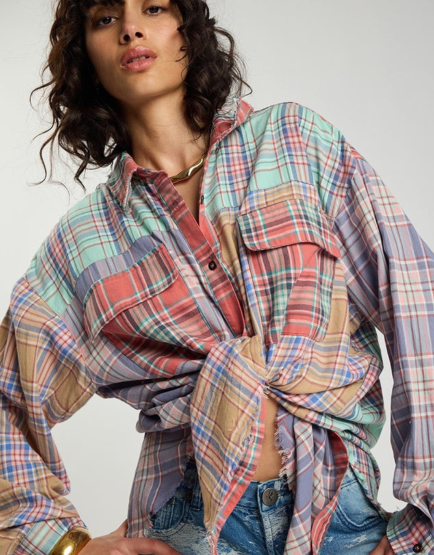 Sunset Madras Check Tie Back Shirt - Coral Teal