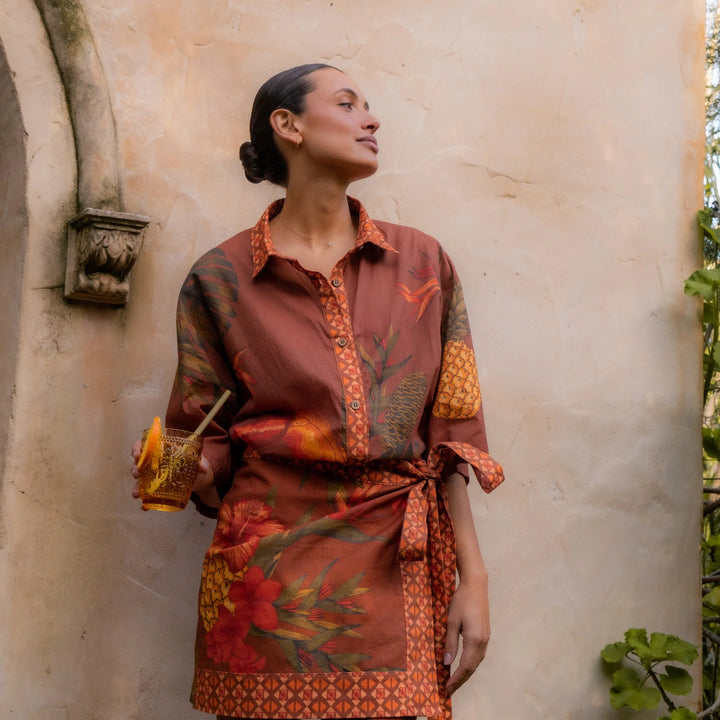 Cuban Tropical Wrap Skirt - Coffee