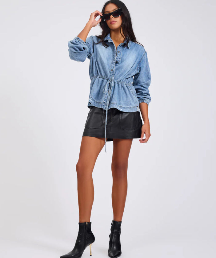 Drawstring Denim Shirt - Washed Blue