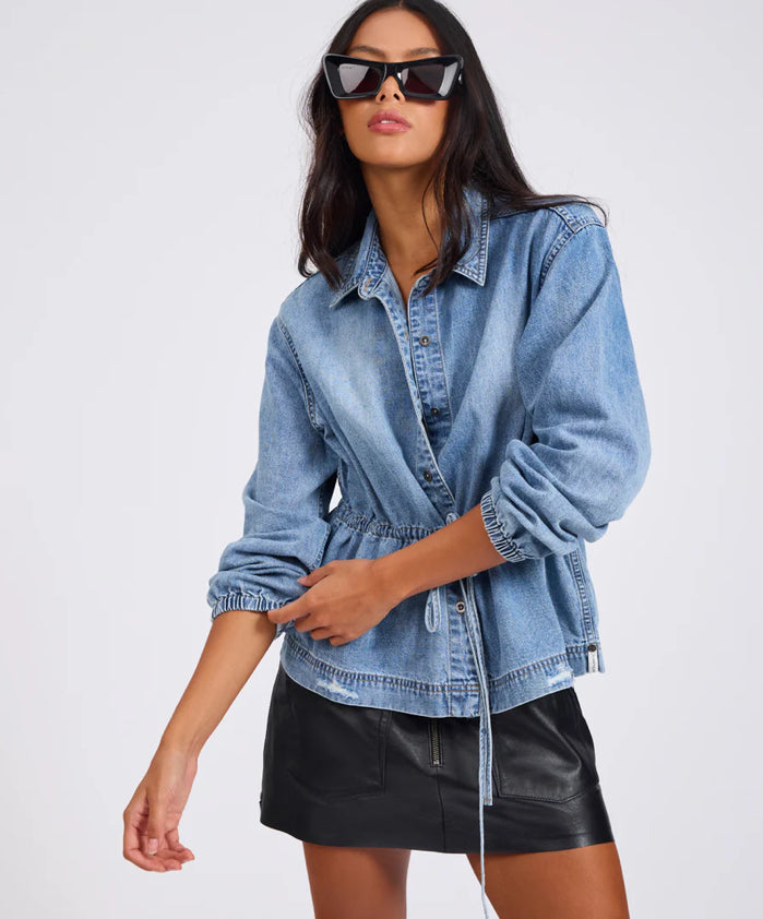 Drawstring Denim Shirt - Washed Blue