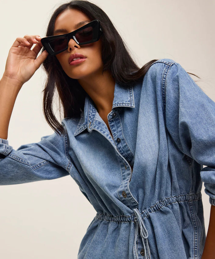Drawstring Denim Shirt - Washed Blue