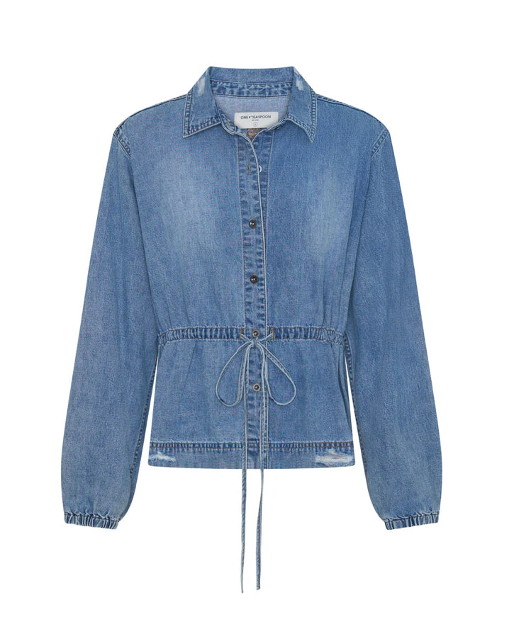 Drawstring Denim Shirt - Washed Blue