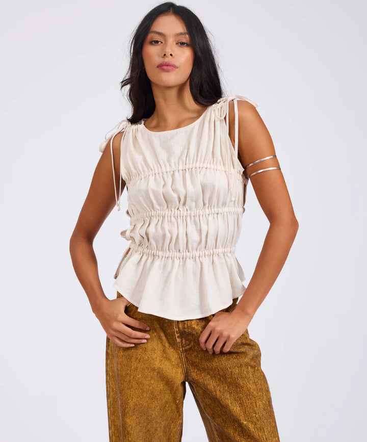 Evelyn Gathered Ruched Tie Top - Cream