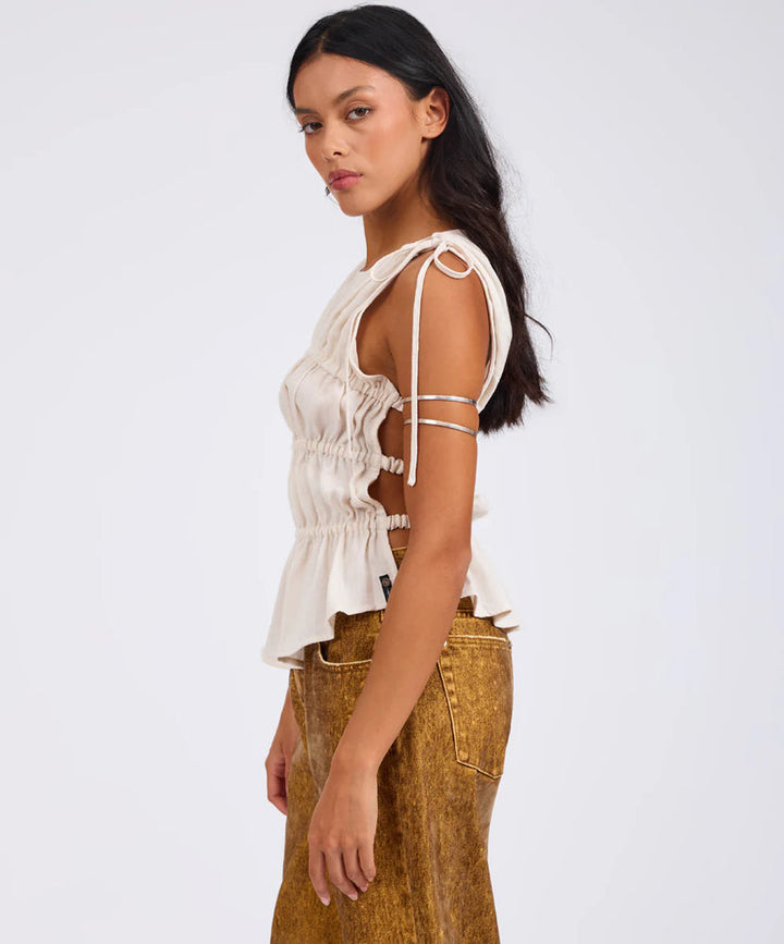 Evelyn Gathered Ruched Tie Top - Cream