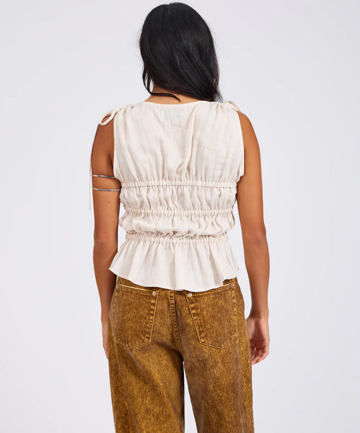 Evelyn Gathered Ruched Tie Top - Cream