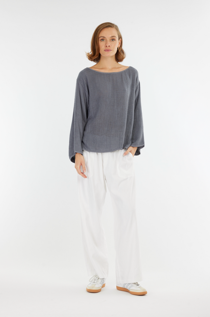 Nadia Hessian L/Sleeve Top - Storm Blue