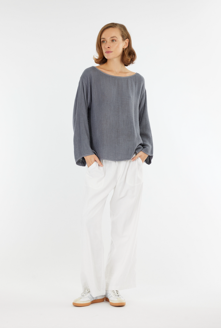 Nadia Hessian L/Sleeve Top - Storm Blue