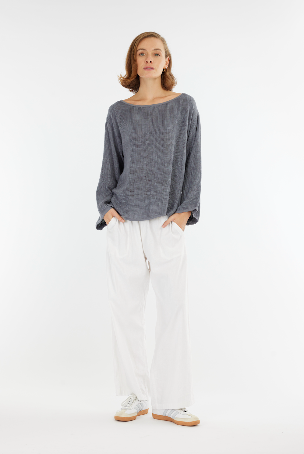 Nadia Hessian L/Sleeve Top - Storm Blue