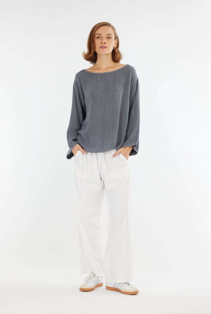Nadia Hessian L/Sleeve Top - Storm Blue