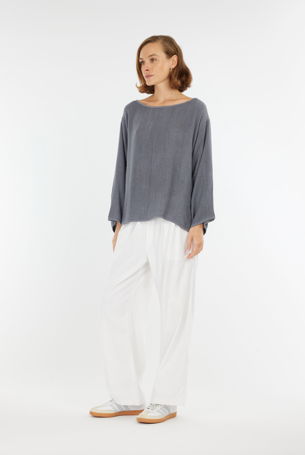 Nadia Hessian L/Sleeve Top - Storm Blue